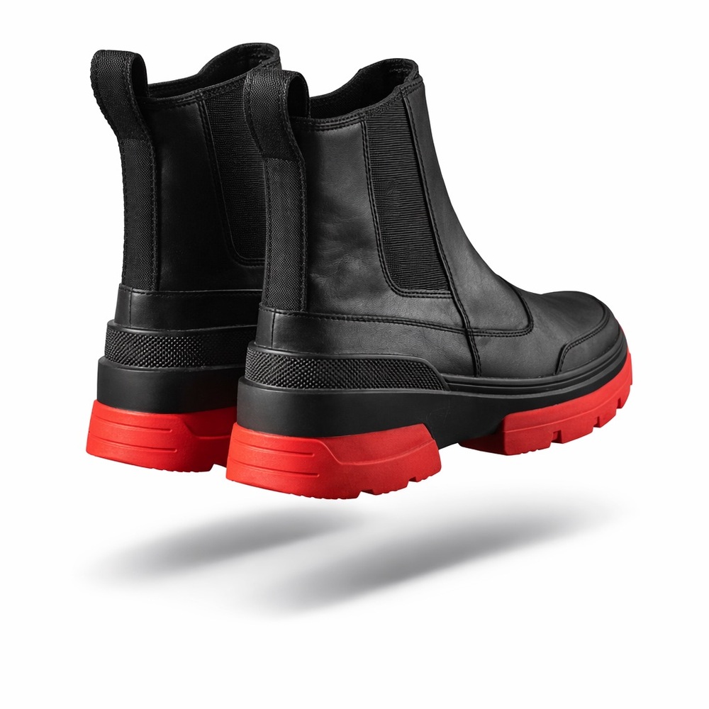 Sorel Black Leather Chelsea Boots with Red Lug Sole - Picture 3 of 10